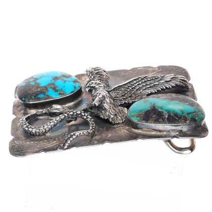 2" Heavy vintage Navajo sterling silver eagle and snake turquoise belt buckle