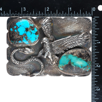 2" Heavy vintage Navajo sterling silver eagle and snake turquoise belt buckle