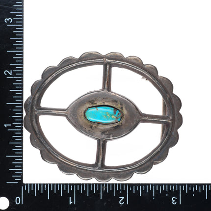 1.5" vintage Navajo cast sterling silver oval wheel shaped belt buckle turquoise