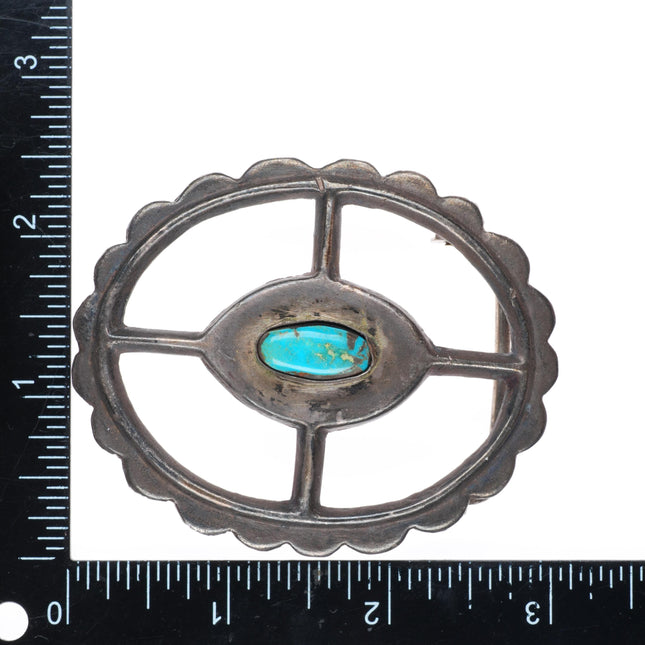 1.5" vintage Navajo cast sterling silver oval wheel shaped belt buckle turquoise