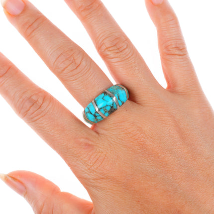 sz10.25 vintage Navajo sterling silver carinated turquoise inlay ring