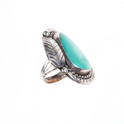 sz7 large vintage sterling silver turquoise rope bezel feather ring