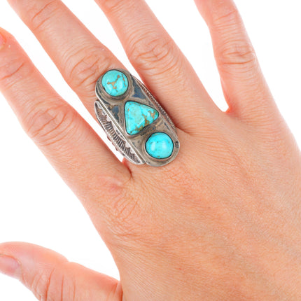 sz8 large 30's-40's Navajo 3 stone turquoise deep stamped sterling silver ring