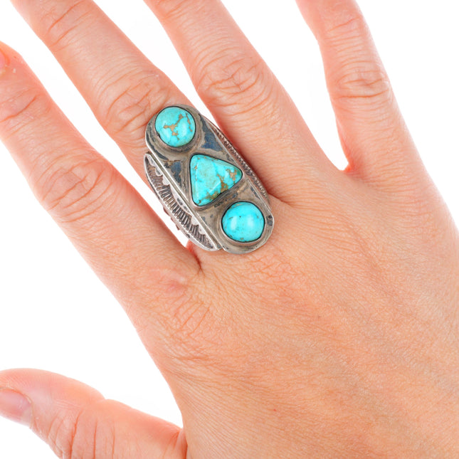 sz8 large 30's-40's Navajo 3 stone turquoise deep stamped sterling silver ring