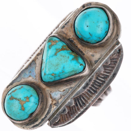 sz8 large 30's-40's Navajo 3 stone turquoise deep stamped sterling silver ring