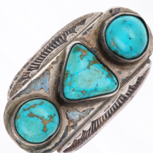 sz8 large 30's-40's Navajo 3 stone turquoise deep stamped sterling silver ring