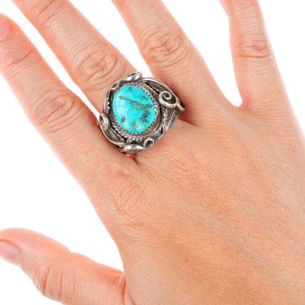 sz11.5 vintage Navajo sterling silver turquoise scrollwork and feathers ring