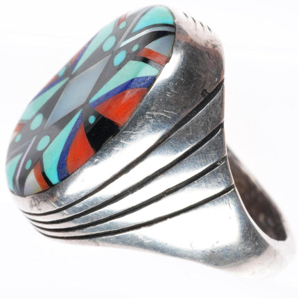 sz10 Elliot Qualo Zuni inlay-Sam Begay Navajo sterling silver men's ring