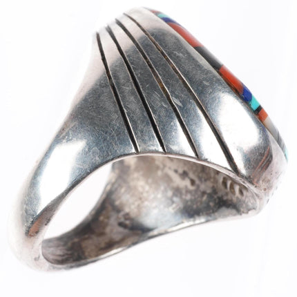 sz10 Elliot Qualo Zuni inlay-Sam Begay Navajo sterling silver men's ring