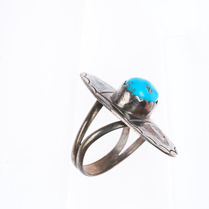 sz7 vintage Navajo sterling silver turquoise chip inlay ring with cabochon