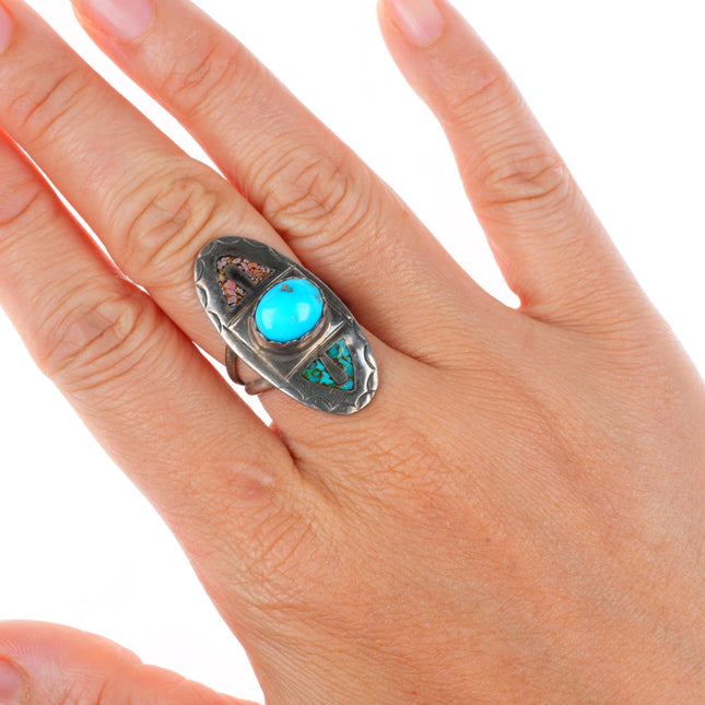 sz7 vintage Navajo sterling silver turquoise chip inlay ring with cabochon