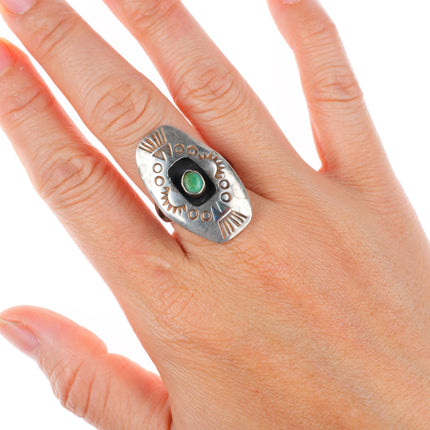 sz8.25 vintage Navajo sterling silver stamped shadowbox green turquoise ring