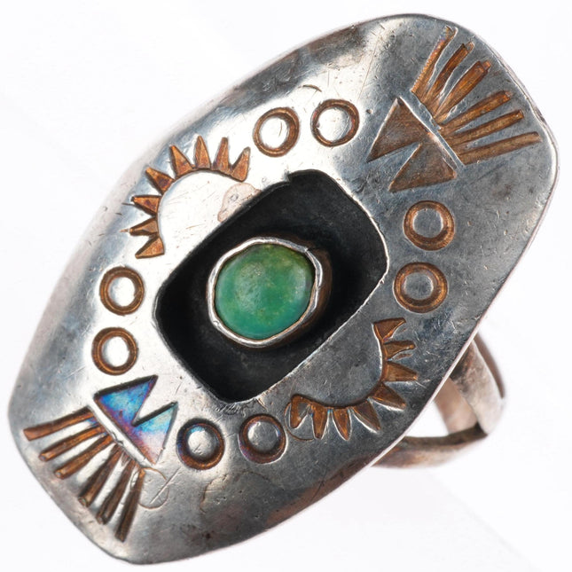 sz8.25 vintage Navajo sterling silver stamped shadowbox green turquoise ring