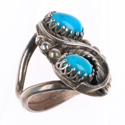 sz4 vintage Navajo sterling silver feather ring with turquoise fancy bezels