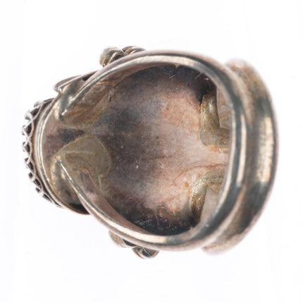 sz4 vintage Navajo sterling silver feather ring with turquoise fancy bezels