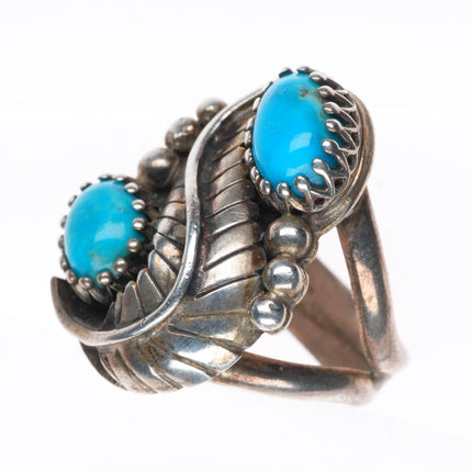 sz4 vintage Navajo sterling silver feather ring with turquoise fancy bezels