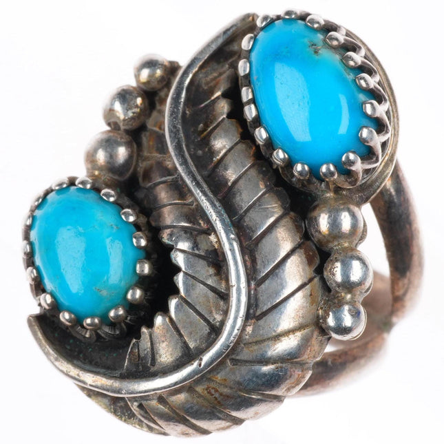 sz4 vintage Navajo sterling silver feather ring with turquoise fancy bezels