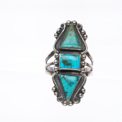 sz7.5 40's-50's  vintage Navajo sterling silver long ring with 3 nice turquoise