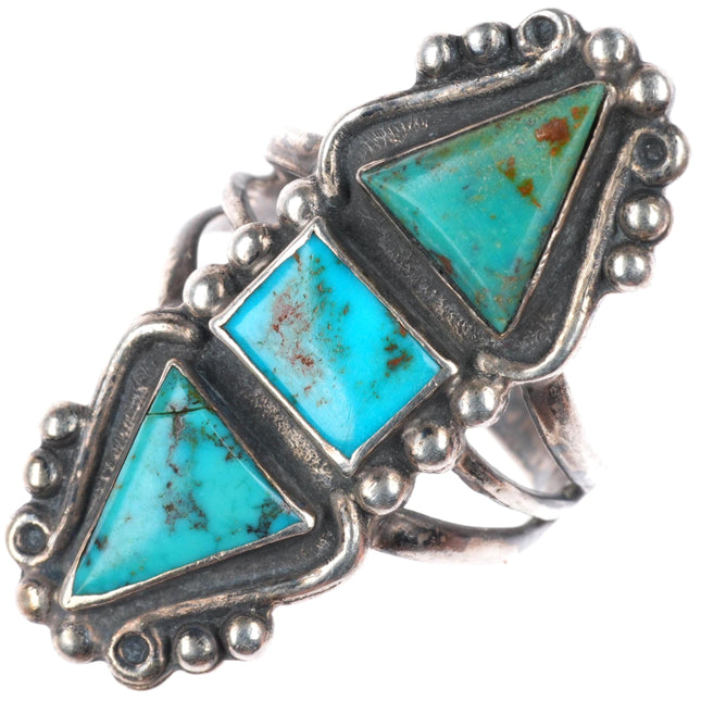 sz7.5 40's-50's  vintage Navajo sterling silver long ring with 3 nice turquoise