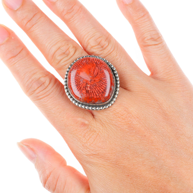 sz8 Utah Red Horn Coral vintage navajo fossilized agate sterling silver ring