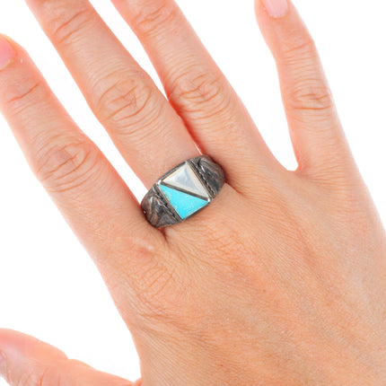 sz11.5 vintage Navajo sterling silver turquoise and shell inlay men's ring