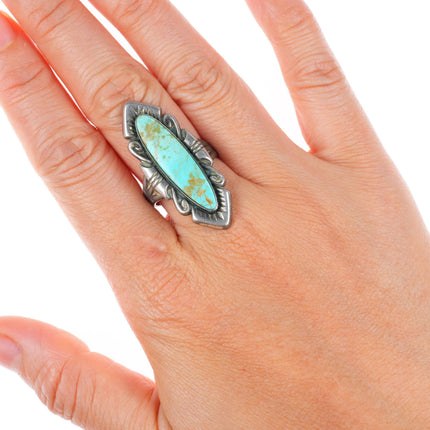 sz9 Large vintage bell trading post sterling silver and turquoise long ring