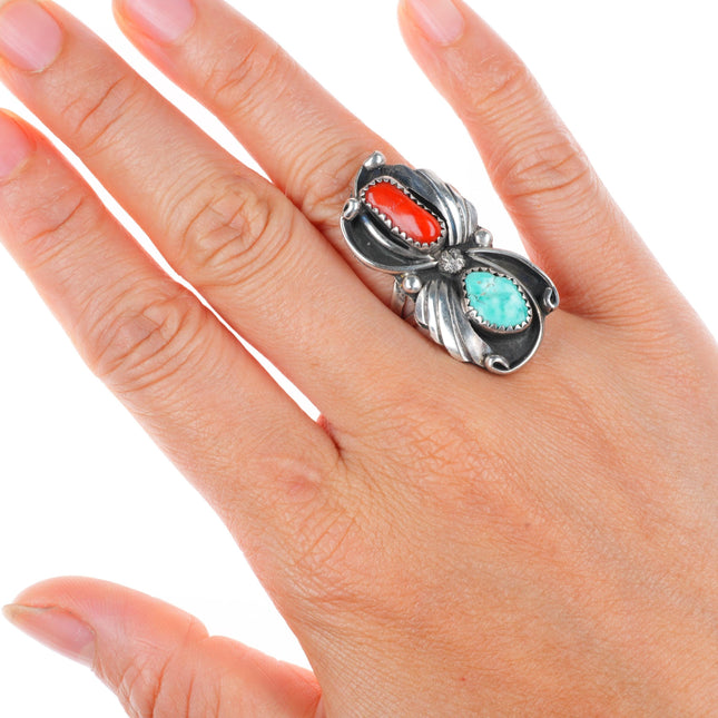 sz6 vintage Yazzie Navajo sterling silver turquoise and coral long feather ring