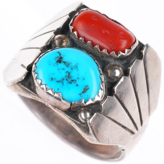 sz 9.75 vintage Navajo sterling silver turquoise and coral feather sides ring