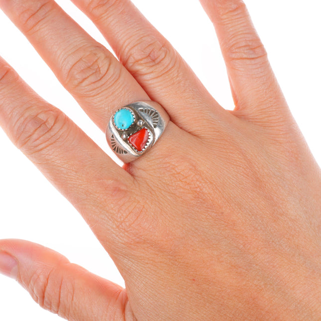 sz10 vintage Navajo sterling silver turquoise and coral stamped sides men's ring