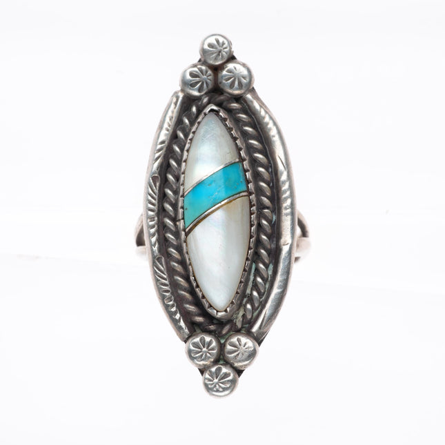 sz6 vintage Zuni sterling silver shell and turquoise inlay  rope bezel ring