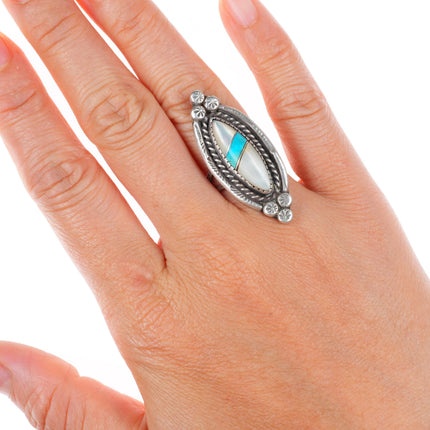 sz6 vintage Zuni sterling silver shell and turquoise inlay  rope bezel ring