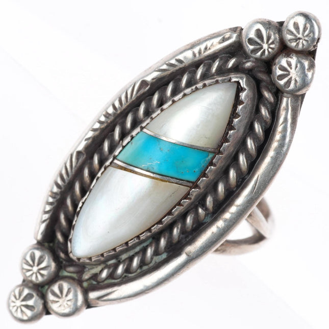 sz6 vintage Zuni sterling silver shell and turquoise inlay  rope bezel ring