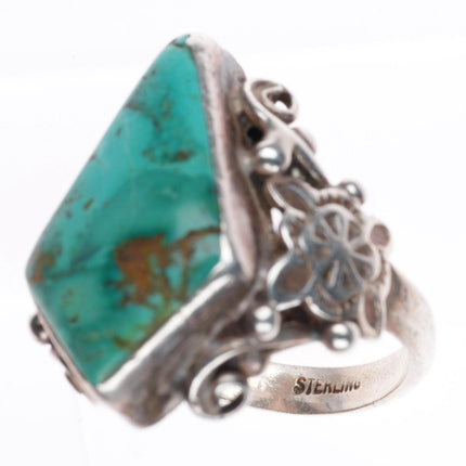 sz7.25 vintage Navajo sterling silver fancy stamped ring with nice turquoise