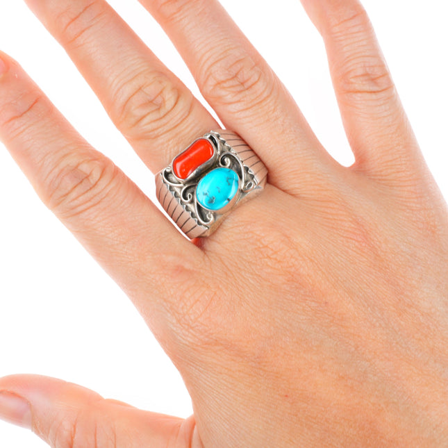sz11 vintage Navajo sterling silver turquoise and coral heavy men's ring
