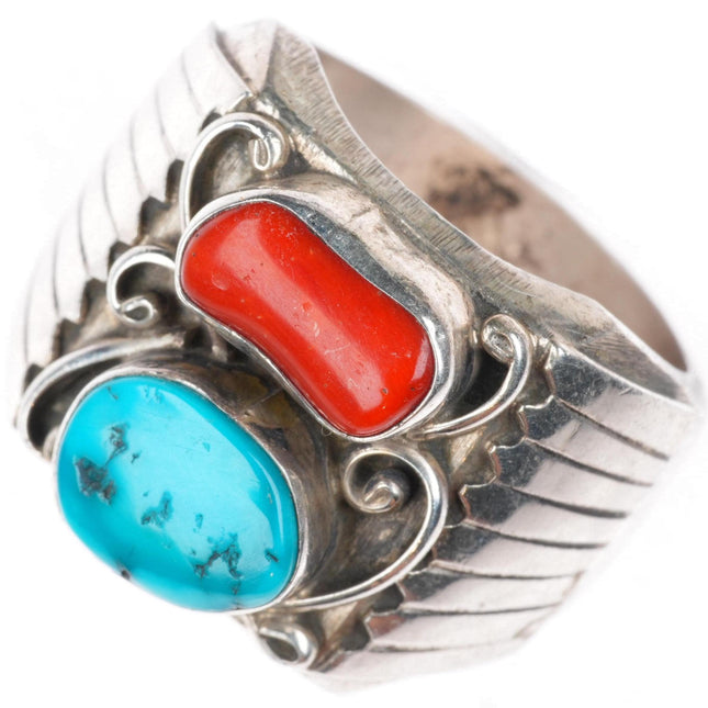 sz11 vintage Navajo sterling silver turquoise and coral heavy men's ring