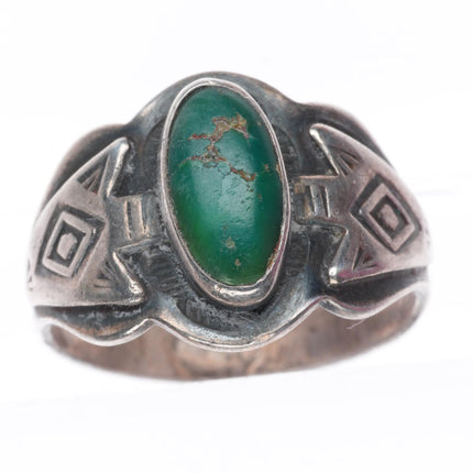 sz7.75 1930's Navajo Fred Harvey style Cerrillos turquoise snakes-arrows ring