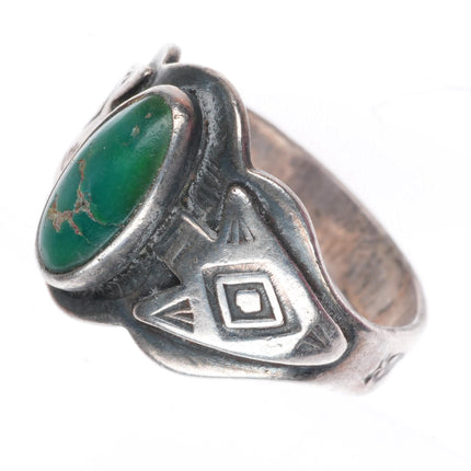 sz7.75 1930's Navajo Fred Harvey style Cerrillos turquoise snakes-arrows ring