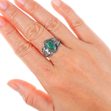 sz7.75 1930's Navajo Fred Harvey style Cerrillos turquoise snakes-arrows ring