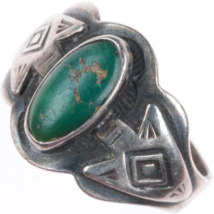 sz7.75 1930's Navajo Fred Harvey style Cerrillos turquoise snakes-arrows ring