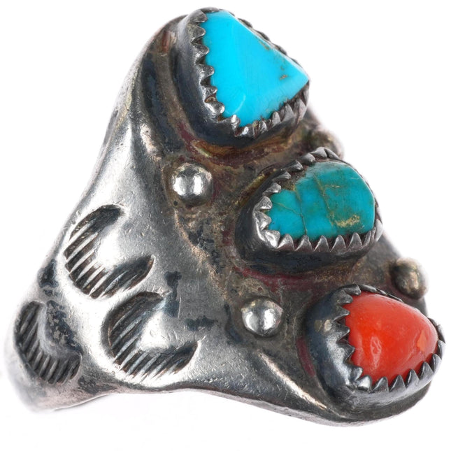 sz9 vintage Navajo sterling silver turquoise and coral 3 stone stamped ring