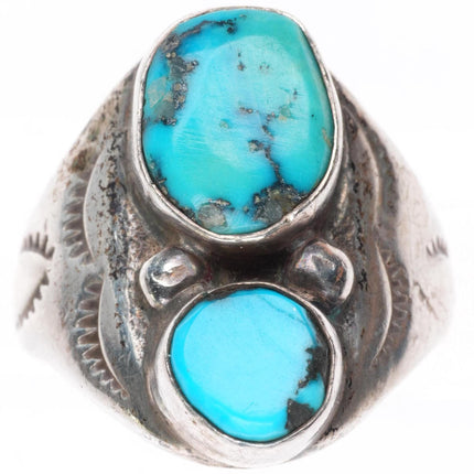 sz8 vintage EL Navajo sterling silver stamped sides 2 stone turquoise ring