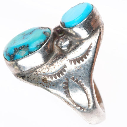 sz8 vintage EL Navajo sterling silver stamped sides 2 stone turquoise ring