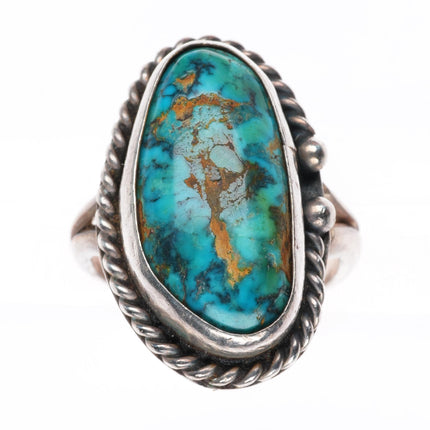 sz7 vintage Navajo sterling silver rope bezel ring with nice turquoise
