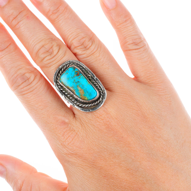sz7.5 vintage Navajo sterling silver long ring with nice turquoise rope bezel
