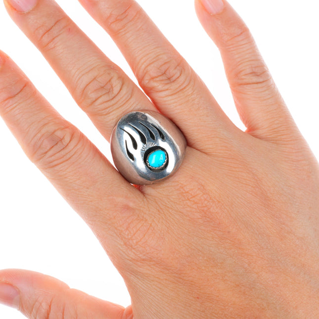 sz12.5 vintage Navajo sterling silver bear paw shadowbox ring with turquoise
