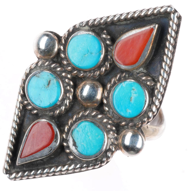 sz5.5 vintage Zuni sterling silver flush inlay turquoise and coral ring