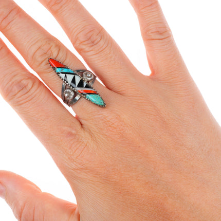 sz7 vintage Zuni sterling silver high grade intarsia inlay long ring