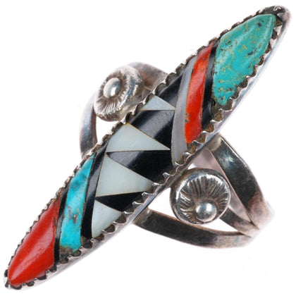 sz7 vintage Zuni sterling silver high grade intarsia inlay long ring