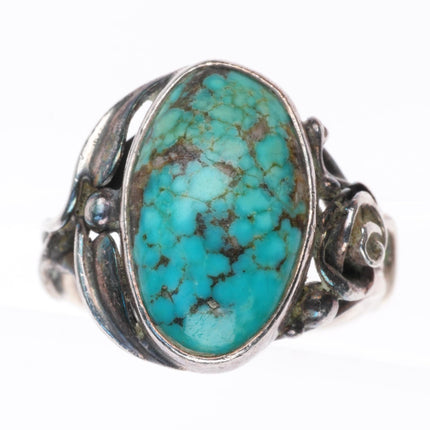 sz6 vintage art Nouveau southwestern sterling silver floral ring with turquoise