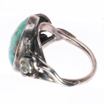 sz6 vintage art Nouveau southwestern sterling silver floral ring with turquoise